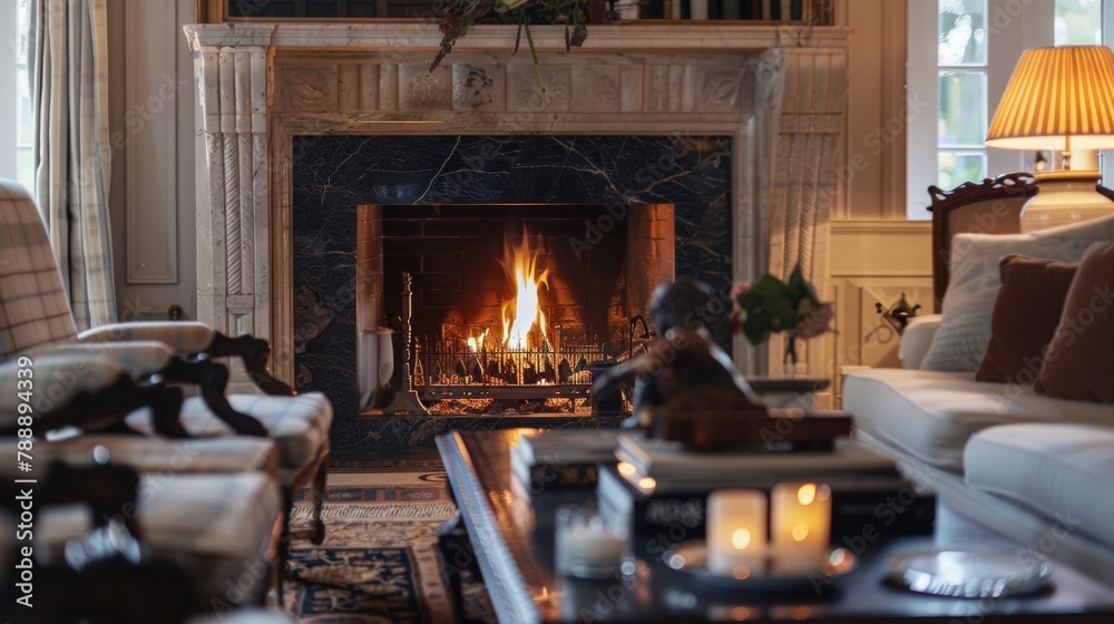 Obraz premium On a chilly evening the crackling fire within the marble fireplace provides both warmth and ambiance making it the perfect spot to gather for intimate conversations or luxurious relaxation. .