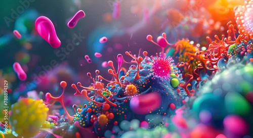 Colorful portrayal of the gut microbiome’s interaction with immune cells photo