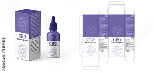 CEO Packaging box design template layout with Box die line, icon, frames and Design Illustration, Vector design Template image of cosmetic bottle and box.