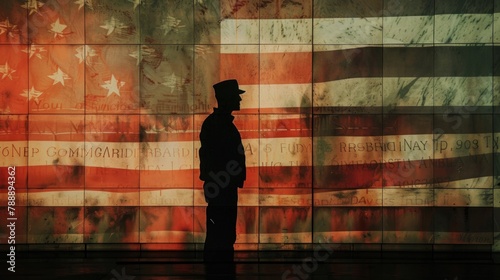 An artistic interpretation of a soldier's silhouette overlaid with the silhouette of the Lincoln Memorial against the backdrop of the American flag