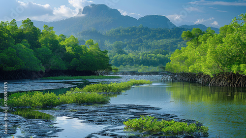 Green mangrove forest and mudflat at the coast
 photo