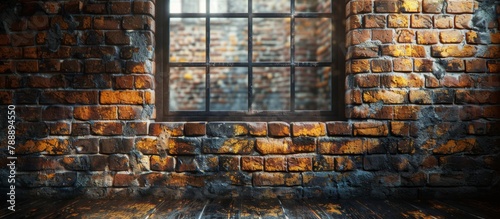 A sturdy barrier made of bricks enclosing a square window in its center photo