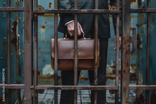 man in suit and briefcase locked in cell