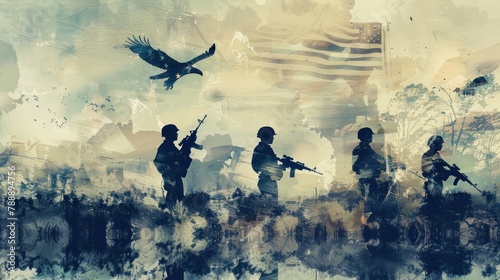 A powerful double exposure image of soldiers in silhouette overlaid with the American flag flying at half-mast  with a lone eagle soaring overhead