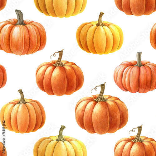 Bright orange pumpkins seamless pattern. Watercolor painted illustration. Hand drawn ripe autumn harvest season pumpkin decoration. Thanksgiving and halloween bright seamless pattern element