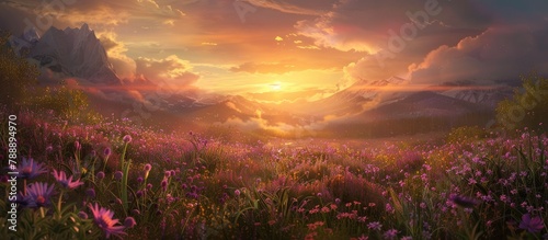 Charming countryside scene featuring a sunrise over a blooming meadow with purple flowers in spring and wildflowers in full bloom during sunset in the summer.
