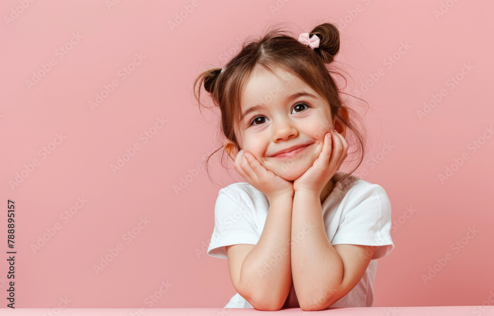 Fototapeta premium Cute little girl smiling and looking up, holding her chin with both hands on pink background