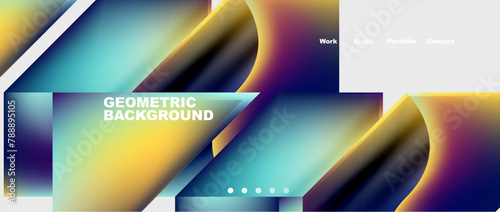 A colorful geometric background featuring rectangles, triangles, circles, and tints and shades of electric blue. Reminiscent of technology, sky, and space