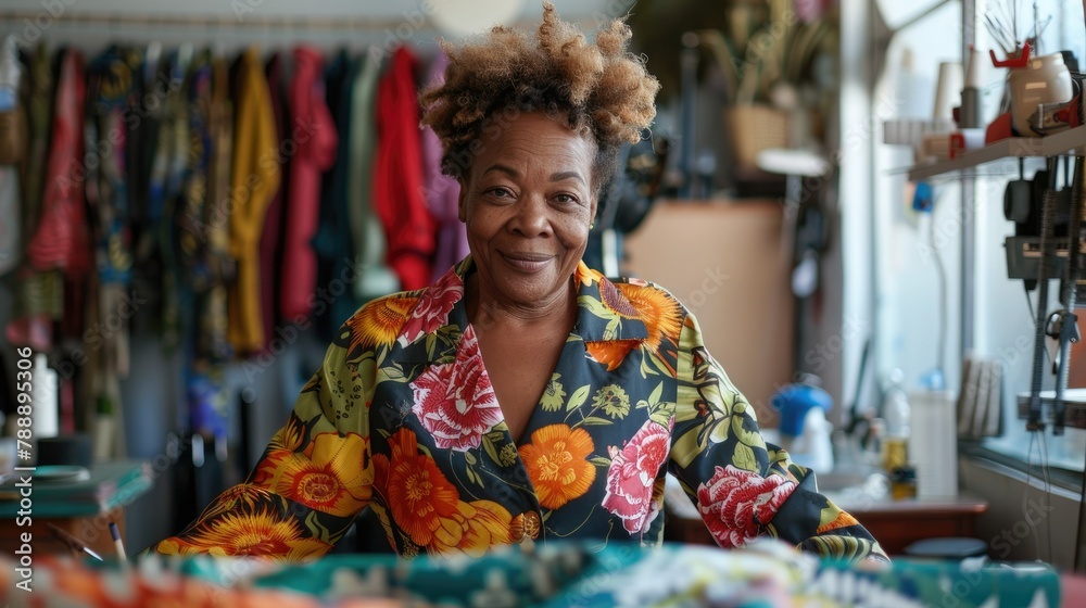 A cheerful African American seamstress is hard at work in her tailoring studio completely engrossed in creating a fresh clothing design as she gazes directly at the camera