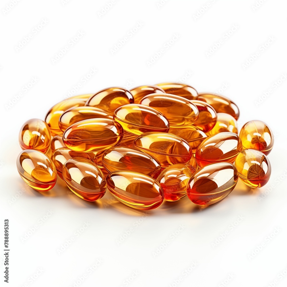 Pile of Omega 3 Capsules Isolated on White Background, Fish Oil. Generative AI Pile of Omega 3 Capsules Isolated on White Background, Fish Oil. Generative AI