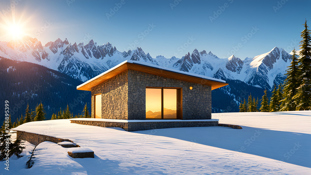 A wooden house on a snowy mountain, vacation concept