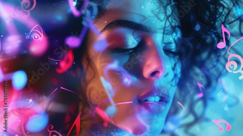 A soft dreamy portrait of a singer surrounded by colorful musical notes conveying the ethereal and experimental nature of their electronic music. .