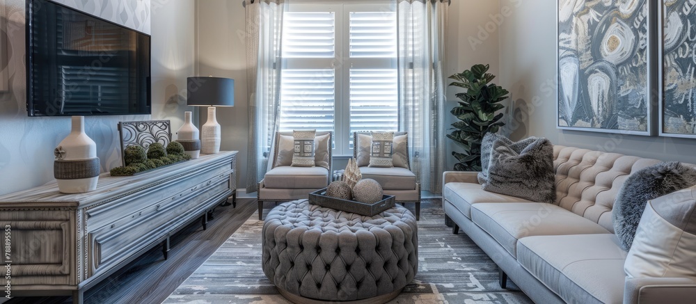 Obraz premium Comfortable indoor space featuring fashionable furnishings, decorative accents, and a television.