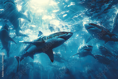 Realistic photo of great white sharks swimming in the deep blue ocean, surrounded by rays of sunlight shining through from above, with fish and other sea creatures visible around them. Created with Ai