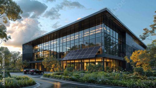 A three-story commercial building with glass curtain walls, modern style architecture, dark gray metal exterior wall texture, and black wood accents on the first floor facade. Created with Ai