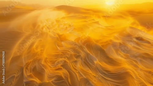 Shimmering waves of a sea turned to molten gold. Bathed in the light of the setting sun, the undulating surface burns with an incandescent glow.  photo