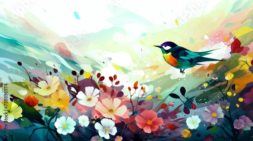 spring illustrations full of happiness and joy with beautiful flowers  trees and natural scenery  playing kites  close ups of birds and parrot  rabbits  butterflies and other creature