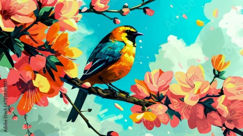 spring illustrations full of happiness and joy with beautiful flowers, trees and natural scenery, playing kites, close ups of birds and parrot, rabbits, butterflies and other creature