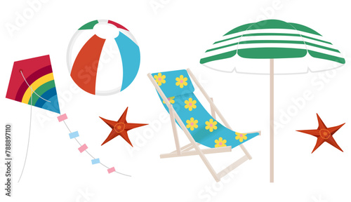Marine set. A green beach umbrella and a blue chaise lounge with yellow flowers. Inflatable striped ball and multi-colored kite. Sea star brown transparent and white background. Vector illustration.
