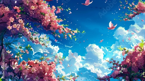 spring illustrations full of happiness and joy with beautiful flowers, trees and natural scenery, playing kites, close ups of birds and parrot, rabbits, butterflies and other creature