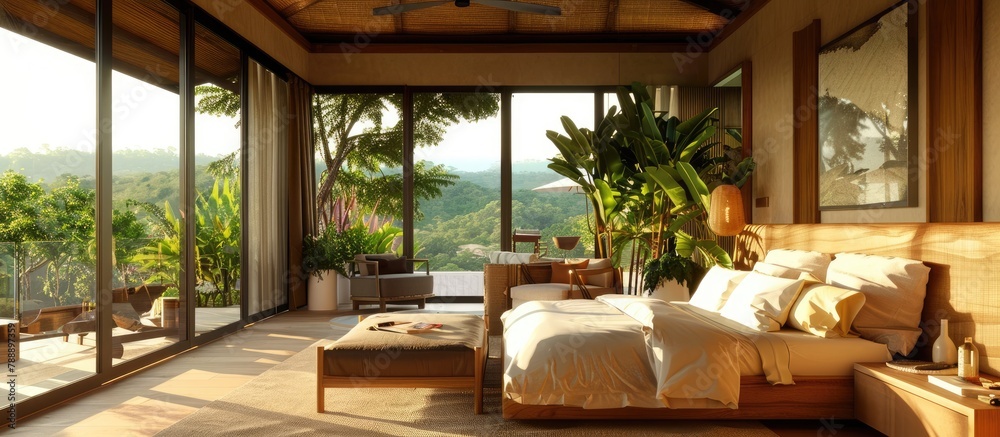Scenic vista of a charming and comfortable bedroom with a summer outdoor setting.