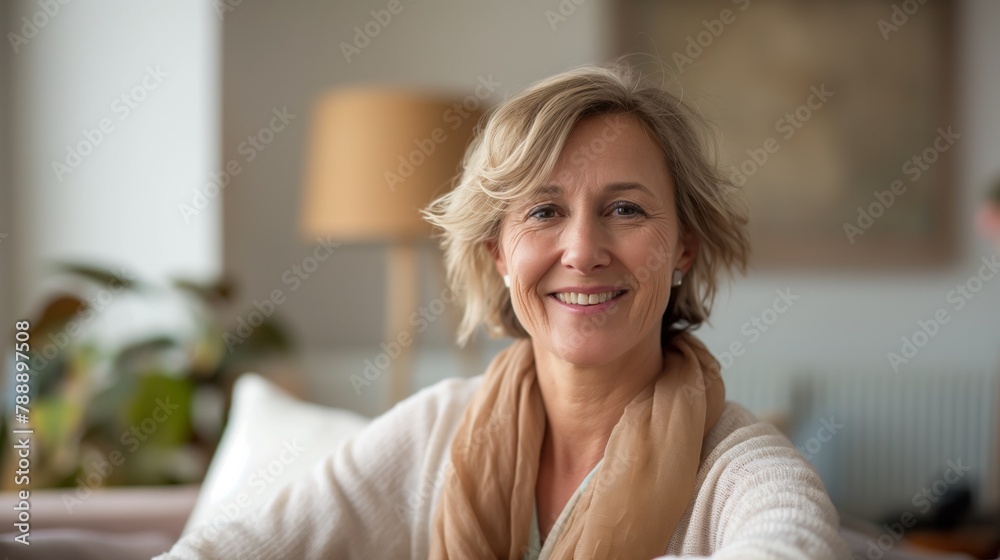 A casual senior woman with a happiness smile relaxes on a sofa in the living room. A casual senior woman with a happiness smile relaxes on a sofa in the living room.