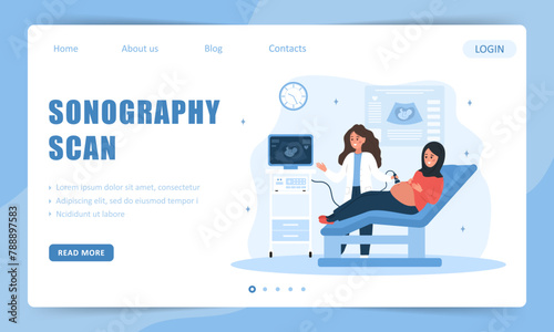 Sonography scan. Landing page template. Female doctor doing fetus screening to future mother. Pregnant arab girl with belly doing ultrasound diagnostic. Embryo health. Cartoon vector illustration. photo