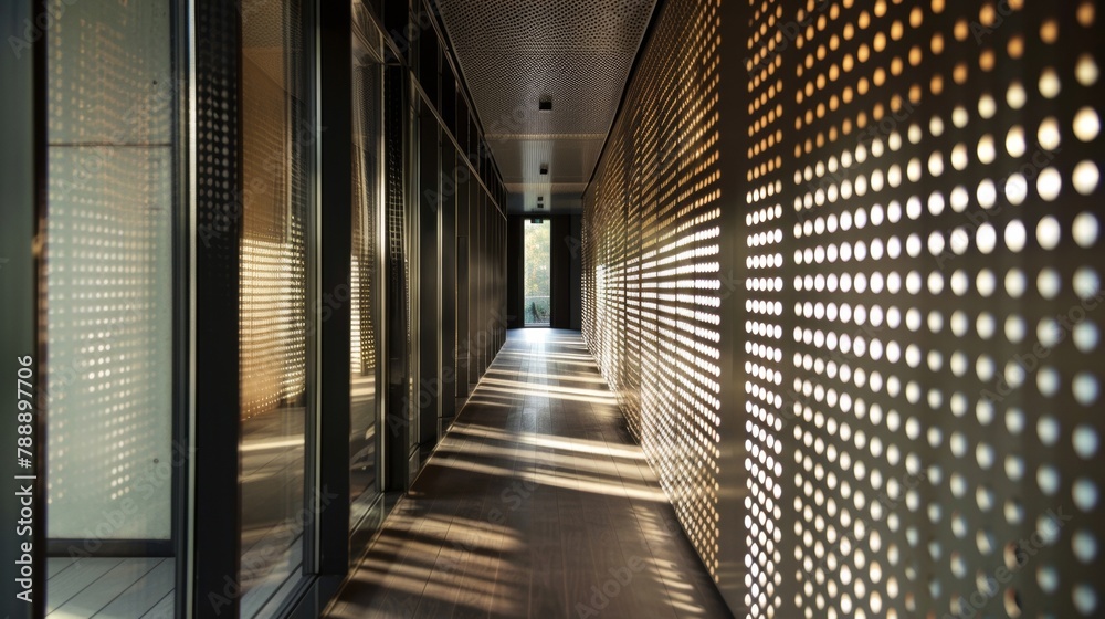 The contrast between the solid and perforated sections of the metal sheets creates a playful interplay of light and shadow adding dimension and depth to the interior space. This clever .