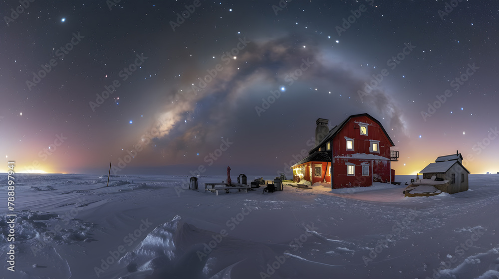 Winter Village Night: A snowy landscape with cozy houses under a starry sky and a crescent moon Winter Village Night: A snowy landscape with cozy houses under a starry sky and a crescent moon