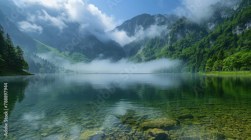A stunning landscape photograph of the green mountains and clear lake in LjubForeColor. Created with Ai