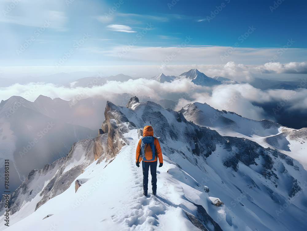 Hiker enjoys snowy mountain adventure. Skier and hiker enjoy mountain vistas