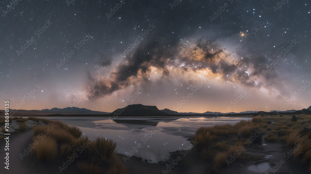 Starry Sky Lights Amidst Clouds and Nature. Time lapse clouds swirl as sunset hues paint the landscape, amidst stars and the glow of northern lights