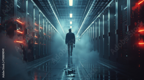 Into the Data Nexus: Lone IT Manager in Server Room Hallway © Panisa