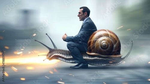 Businessman slow like a snail runs fast thanks to rockets AI generated