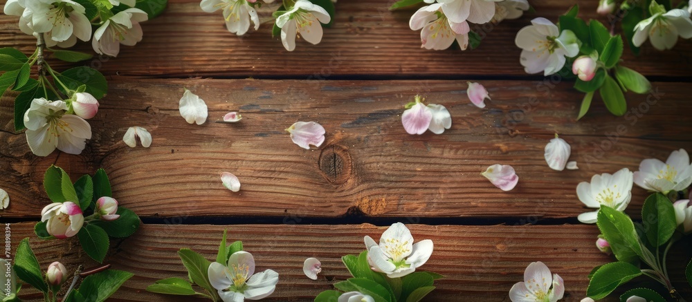 Apple blossoms on a wooden background amidst spring blooming branches. Apple blossoms on a wooden background amidst spring blooming branches.