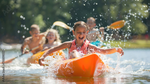 Children enjoying water activities at a summer camp lake photo