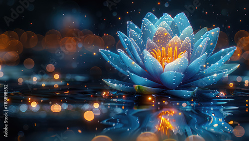 A blue lotus flower floating on water, glowing with light particles and sparkling lights in the background. Created with Ai