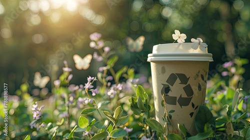 The concept of nature conservation and zero waste. Eco-friendly paper cup with a recycling sign on the background of wildlife