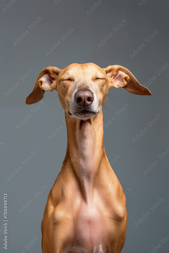 Dog portrait, brown, closeup, funny and cute pet, isolated on a grey background, short haired, eyes closed, theme of suffering pain stress funny loneliness