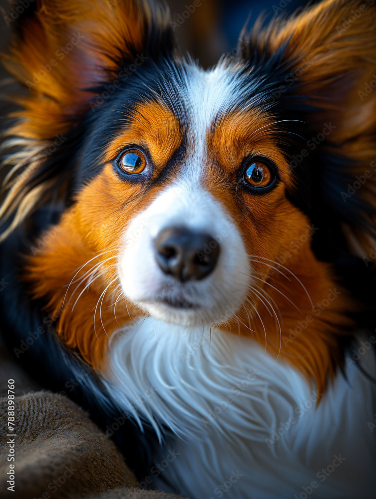Dog collie portrait, brown and black, closeup, funny and cute pet, isolated on a grey background, detailed fur, big eyes Dog collie portrait, brown and black, closeup, funny and cute pet, isolated on a grey background, detailed fur, big eyes
