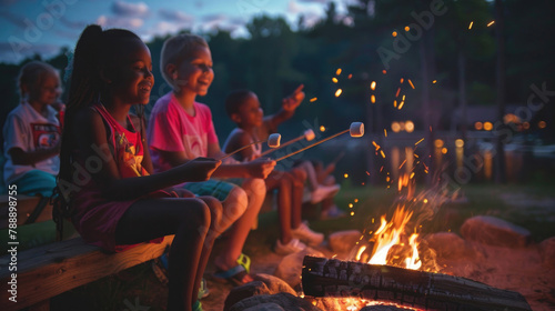 Children roasting marshmallows over a campfire at summer camp photo