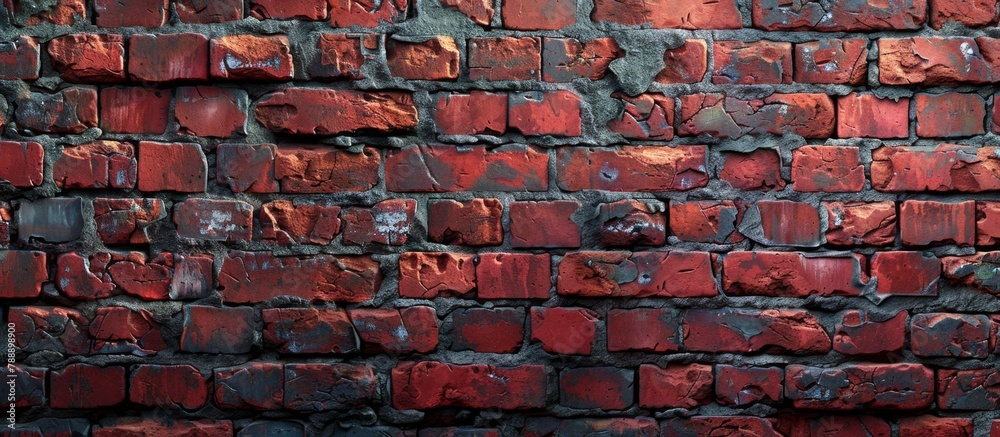 A sturdy brick wall appears painted in vibrant red against a dark black background, creating a bold and striking contrast A sturdy brick wall appears painted in vibrant red against a dark black background, creating a bold and striking contrast