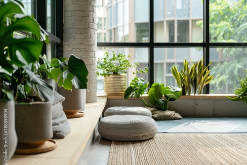 A serene corner of the office designated for mindfulness and relaxation, with yoga mats, meditation cushions, and calming greenery, Generative AI