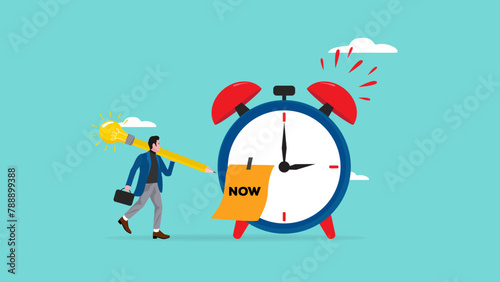 Stop procrastination illustration with businessman carrying a pencil writes the word now on the alarm as a reminder, do the work immediately concept, Overcome Procrastination