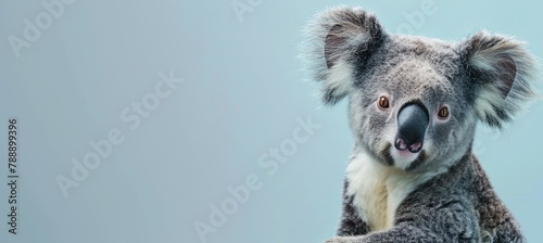 A koala bear perched on a tree branch gazes at the camera