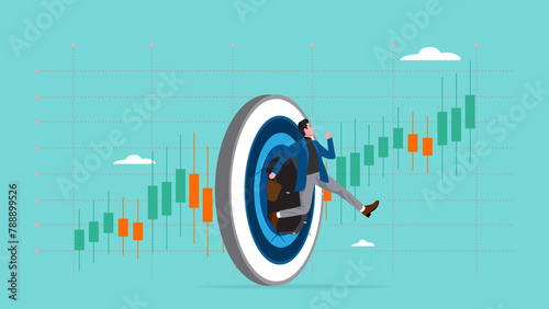 Businessman breakthrough the target archery with business growth graph background, Concentration and focus on business goal or target, persistence to achieve business goals or targets