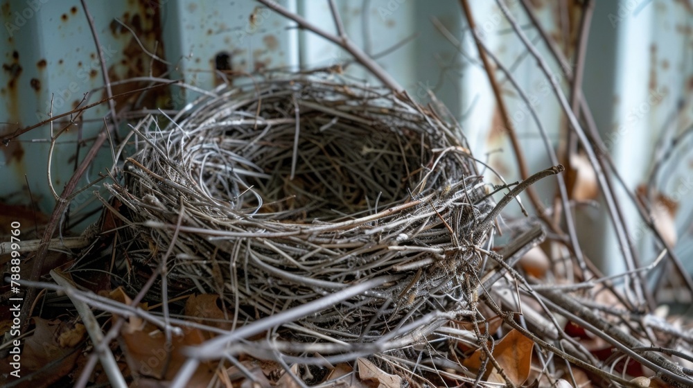 Closeup of a barren birds nest abandoned by its inhabitants as their migratory patterns are disrupted by changes in weather patterns caused by climate change. . Closeup of a barren birds nest abandoned by its inhabitants as their migratory patterns are disrupted by changes in weather patterns caused by climate change. .