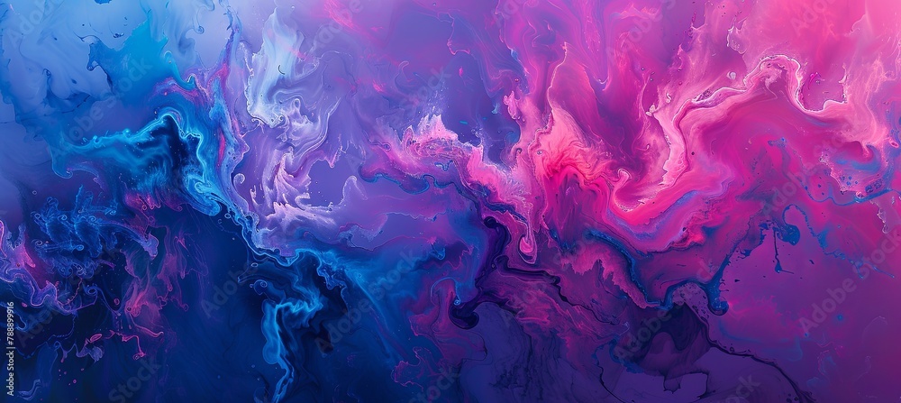 A close up of a vibrant blue and pink painting creating a serene atmosphere