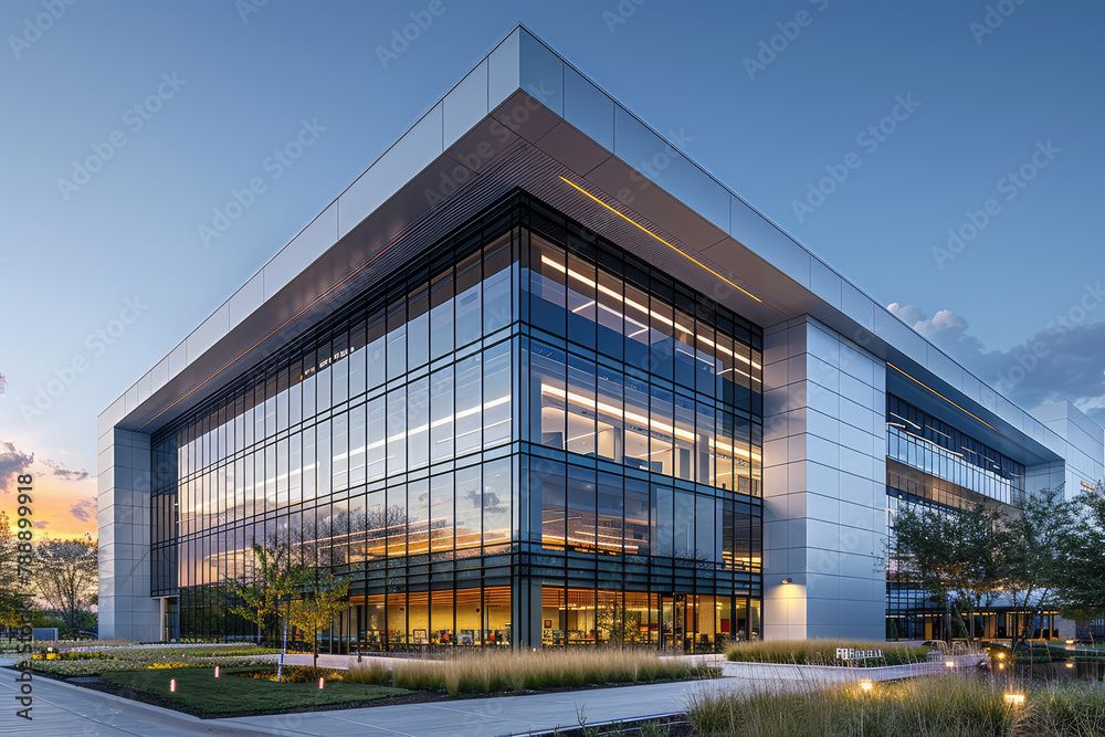 A modern, three-story office building with large glass windows and an exterior of steel structure accents in the style of Japanese architecture. Created with Ai