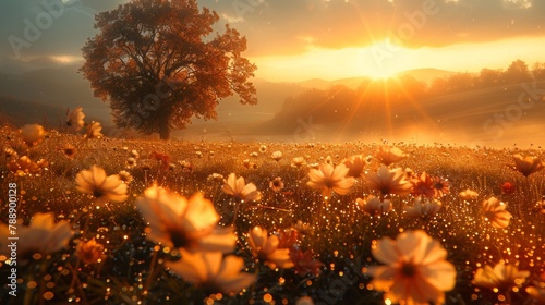 Meadow flowers awaken to the early morning sun  their delicate petals shimmering with dewdrops as they bask in the golden light  creating a vintage autumn landscape of breathtaking beauty